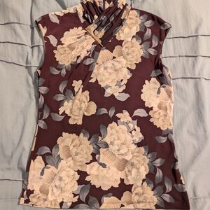 Calvin Klein Floral Sleeveless Top Purple Cream Gray Mock Neck XS
